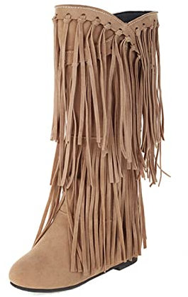 Stivali da donna con frange e tacco grosso invernali taglie forti, Beige, 37.5 EU
