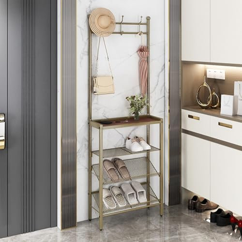 JINGSHIQIAOPL Schuhregal mit Sitzbank für den Eingangsbereich, Metall-standgarderobe mit Haken und 4 Ablagen, Flurgarderobe Modern für den Eingangsbereich, Schlafzimmer, Wohnzimmer(Gold,61cm/24'')