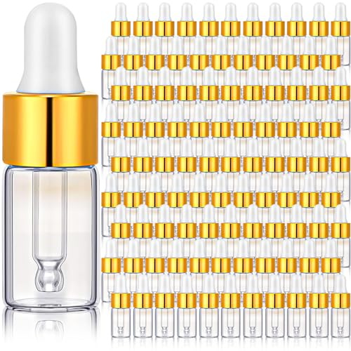 100 Pcs 3 ml Mini Glass Dropper Bottle Bulk, Small Sample Vials Containers | Clear, Empty, Refillable Essential Oil Dropping Bottles with Gold Cap for Perfume Cosmetic Liquid