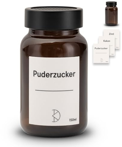 Koffs Design Kakao und Puderzucker Streuer Braunglas mit Edelstahlaufsatz - Kakaopulver, Zimt und Staubzucker Dosierer - Kakaostreuer 150ml - Pulverstreuer mit Aufklebern