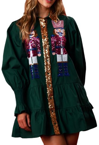 FeMereina Womens Sequin Christmas Costume Nutcracker Shirt Dress Sparkle Holiday Santa Cocktail Sweatshirt Sweater Mini Dress