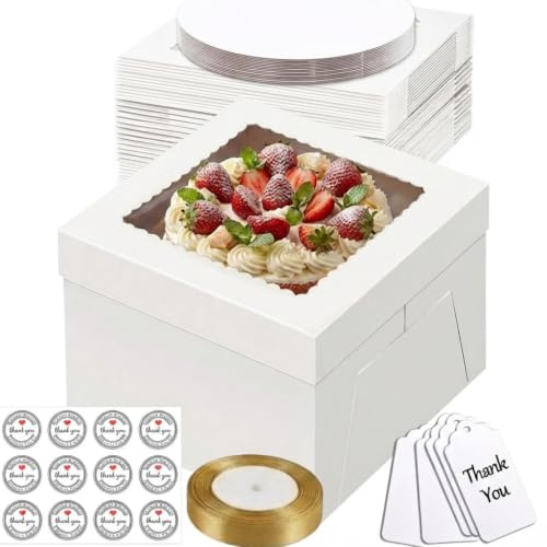 Fukmory 5 juegos de Cajas para Tartas, 25,4 x 25,4 x 20,3 cm | Caja Tarta de Cartón Con Ventana Transparente y Bandeja,Recipiente para Tartas