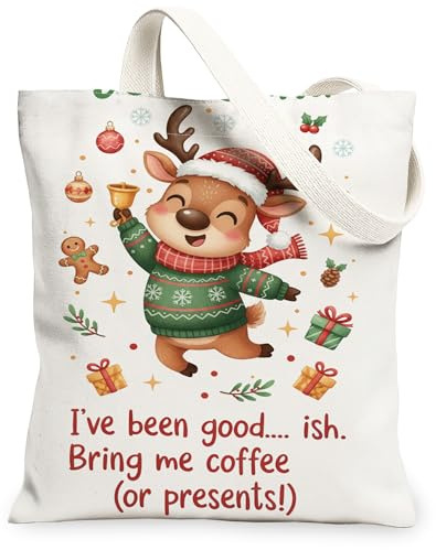 Weihnachtliche Rentier-Canvas-Tragetaschen, niedliches Tiermuster, wiederverwendbare Taschen, leicht, waschbar, Schultergurt, Segeltuch, Weiss/opulenter Garten, 13x15 Inch