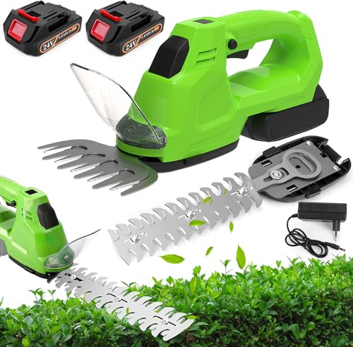 HumiLuft 24V Cordless Hedge Trimmer, 2-in-1 Battery Grass Trimmer and Hedge Trimmer with Power Indicator, Electric Garden Shears with 2x1500mAh Batteries, Width 13cm+ Length 22cm Blades and Adapter