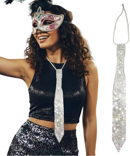 ROKZELT Cravatta Donna Anni '70 con Strass e Paillettes, Luccicante, con Elastico, Pre-legata, per Addio al Celibato, Carnevale, Halloween