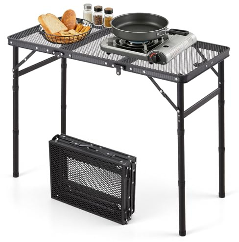 Warmiehomy Folding Camping Table, 3-Height Adjustable Aluminum Picnic Table with Mesh Desktop, Portable Grill Table for Camping, Picnic, Backpacking, RV, BBQ, 87X40cm