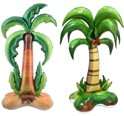2PCS Inflatable Palm Tree and Palm Tree Decoration, 125cm Large Tropical Palm Tree Balloon for Hawaiian Luau Birthday, Vibrant Summer Beach Party Decorations with Island Design(Multicolor)