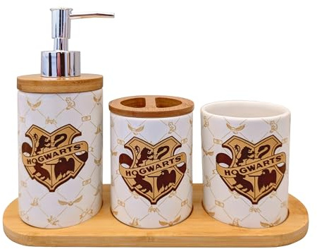 Elbenwald Harry Potter & El Señor de los Anillos – Juego de baño de 3 piezas 2 vasos para cepillos de dientes incluye 1 soporte para cepillo de dientes (extraíble), dispensador de jabón de cerámica y