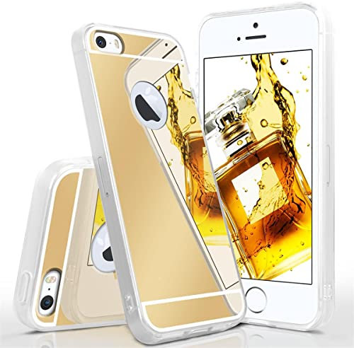 MoEx Mirrored Silicone Case compatible with iPhone 5s / 5 / SE (2016) | Phone Protection + Mirror, Golden