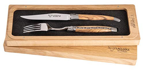 Laguiole en Aubrac Besteck Set, 1 Steakmesser und 1 Gabel, Griff aus Olivenholz - Original aus Frankreich, inkl. Echtheitszertifikat und schöner Aufbewahrungsbox aus Holz
