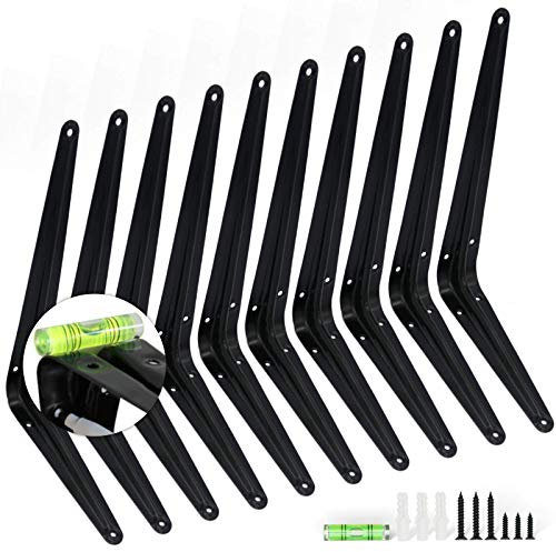 KOOLPUG London Shelf Brackets With Screws and Mini Spirit Level, 10 Pcs Wall Mount Bookshelf Bracket, Floating Shelve Bracket (Black, 8x10 Inch)
