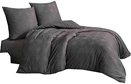 Damast Jacquard Mako Satin Bettwäsche Bettgarnitur Set Bettdeckenbezug 100% Baumwolle Qualität mit Reißverschluss Kopfkissenbezug 80x80 cm Oeko-TEX (Damask Anthrazit, 220 x 240 cm)