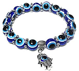 Yienate Vintage blaues böser Blick Hamsa Hand Armband Schwarzer Magnet Elastisches Armband Silber Perle Harz Blaues Auge Flache Perlen Armband für Frauen und Mädchen, Einheitsgröße, Silber