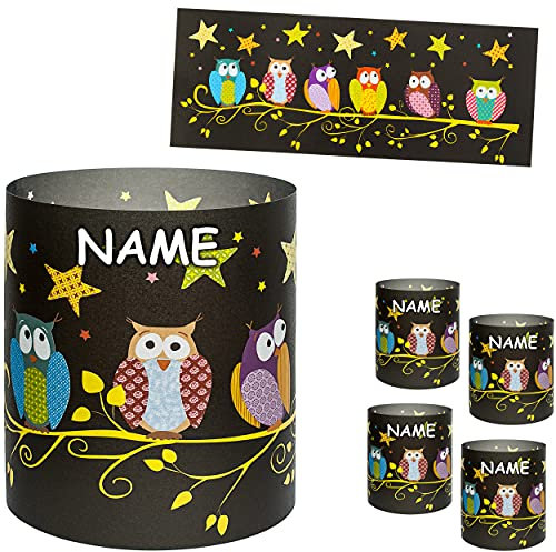 5 Stück - kleine Tischlichter Motiv frei wählbar lustige Eulen & Sterne inkl. Name - 10 cm - Licht - für Teelichter/Batterie LED Lichter & Kerzen - Wi..