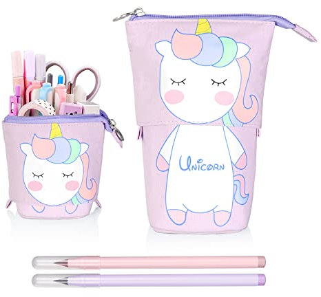 Vicloon Federmäppchen Reißverschluss, Federmäppchen Mädchen, Schlampermäppchen und Stifteköcher 2-in-1, Teleskopisch Mäppchen, mit 2 Ewiger Stift, Cartoon Einhorn für Teenager Mädchen