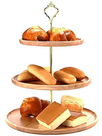 Cupcake Ständer, Rund Etagere 3 Etagen Servierteller mit Metallgriff, Tortenständer aus Holz für Hochzeit, Party, Geburtstag, Baby Duschen & Kuchen Dessert Obst Süßes, 30 x 25 x 20 cm