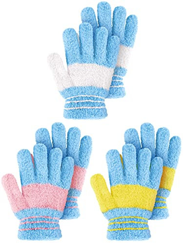 Geyoga 3 Paar Kinder Strickhandschuhe Winter Vollfinger Handschuhe (Mehrfarbig, M)