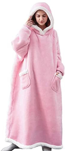 iyoimono Hoodie Decke für DamenHerren Flanell Fleece Oversized Kapuzen Pullover Sweatshirt Kuscheldecke Flauschige Sherpa TV-Decke mit Ärmeln Übergroße Tragbar Ganzkörperdecke(Hell-Pink,150cm)