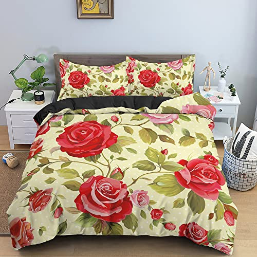 MDKLXIDF Bedding Double Bed Set yellow rose Bedding Set with Zipper Closure Microfiber Soft Breathable Duvet Cover 91x86.7 inch + 2 Matching Pillowcases 19x29 inch, for Adults Teenagers