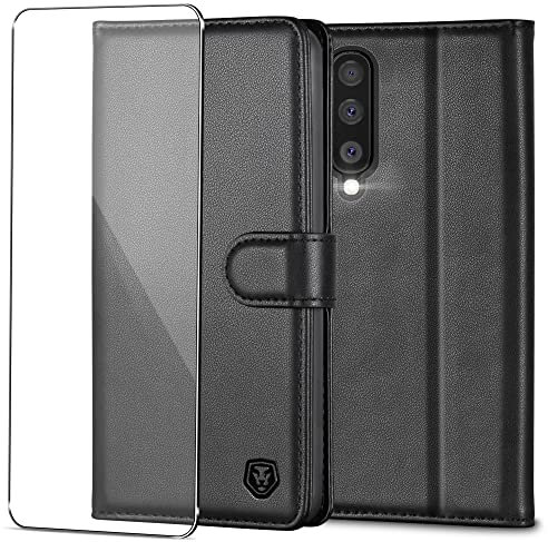 Handyhülle für Samsung Galaxy A50 Hülle mit 1 Panzerglas Leder Klapphülle Galaxy A50S Case Brieftasche Kartenfach Ständer Magnet Etui Handytasche Cover Schutzhülle für Samsung A50/A50s/A30s - Schwarz