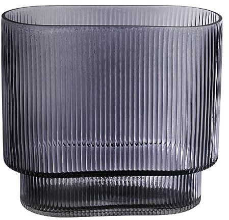 INNA-Glas Ovale Glas Tischvase Maricel mit Rillen, grau-klar, 18x10x20 cm | Deko Vase