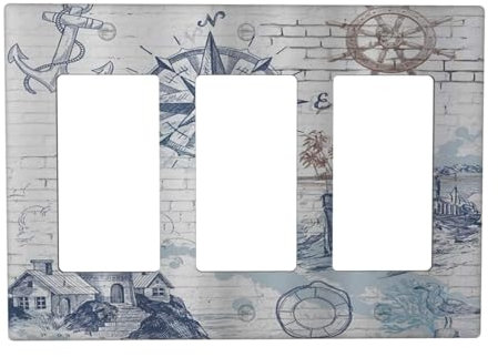 Xuejiaku Dekorative Steckdosenabdeckungen, nautischer Leuchtturm, Anker, Kompass, Ozean, 3-Gang, schraubenlose Wandplatte, Abdeckung, Dreifach-Wippe, Dekora, Lichtschalter-Abdeckungen, Jumbo,