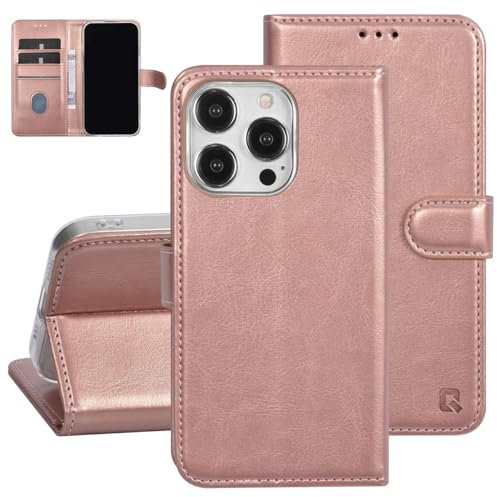 UNIQ Accessory Schutzhülle für Apple iPhone 15 Pro, mit Kartenschlitzen für 3 Karten, Magnetverschluss, inkl. 2 Displayschutzfolien aus Hartglas (Roségold, Apple iPhone 1