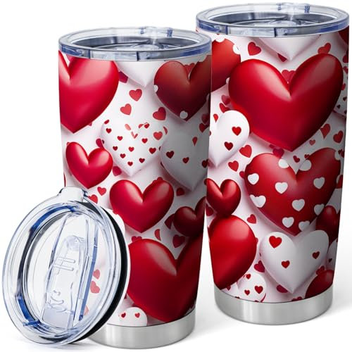 Equoza Tumbler Gifts for Women,Romantic 3d Hearts Designs,Travel Cup Coffee Mug Insulated Stainless Steel 20oz With Lid（Pack of 1）