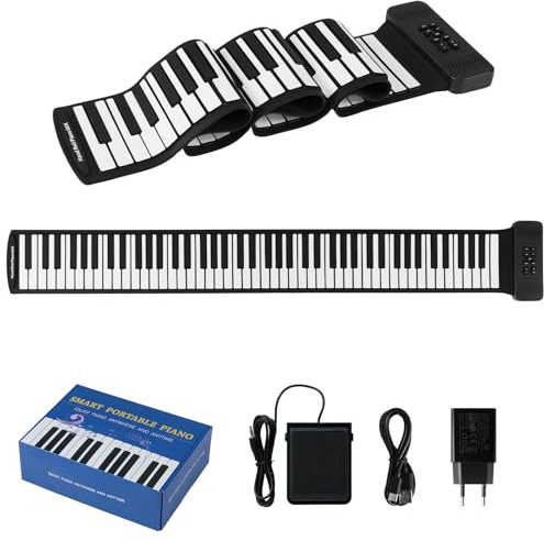 KOMFOTTEU Piano Digital Enrollable 88 Teclas, Piano Electrónico Plegable con 128 Ritmos y Tonos, 14 Demostraciones, Teclado de Piano con Función MIDI