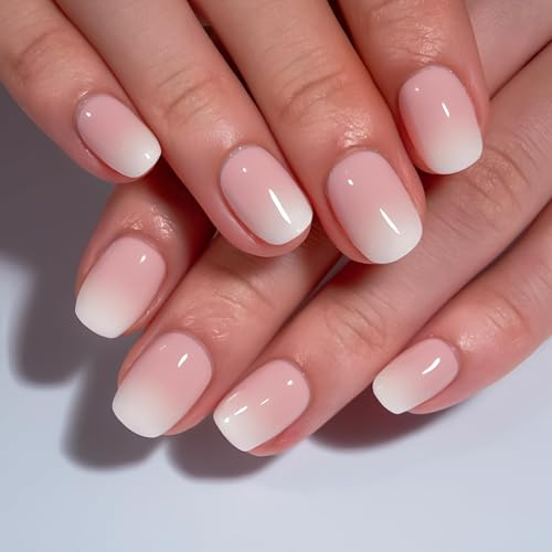 CurvLife Extra Short Square Ombre Press On Nails, Nude White PInk, Soft Gel | 32PCS in 16 Sizes, Salon-Quality Fake Nails, Curved Fit, Glue-On Nails with 7-14 Day Wear, Reusable Stick-On Nails