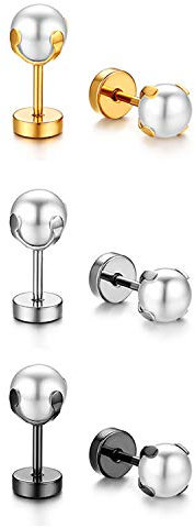 JewelryWe Perlen Ohrstecker Damen Ohrringe: 3 Paar Edelstahl Imitation Perlen Kugel Tunnel Ohrringe Fake Plug Ohrstecker Ohrpiercing Schraube Helix Tragus Piercings für Frauen 8mm Schwarz Gold Silber