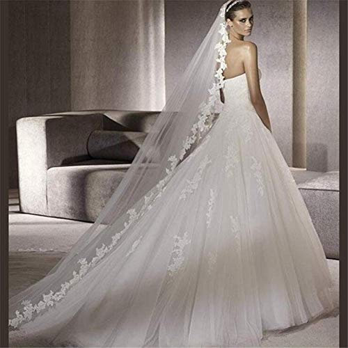 HHVIEL Brautschleier, Lace Applikation Kante Weich Tüll Party Hochzeit SchleierEinfach 1T Lange Dom Schleier 3 Meter Zubehör ohne Kämmen,Weiß
