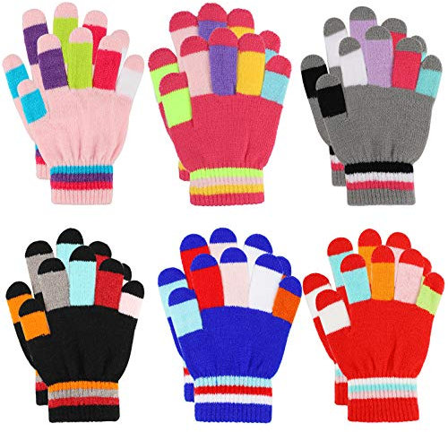 Kinder Winterhandschuhe Fingerhandschuhe Gestrickte Streifenhandschuhe für Mädchen Jungen, 5-10 Jahre Alt, Skihandschuhe Radhandschuhe 6 Paare