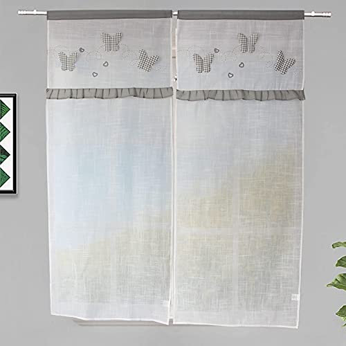FYJS 1 Paar weiße Fenstervorhänge aus Leinen-Polyester mit Stickerei Shabby Chic Latex 3D Schmetterling Küchengardine 60 x 150 cm grau
