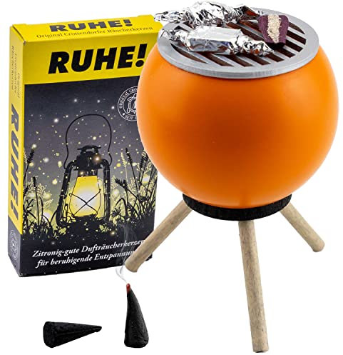 Seiffener Volkskunst | Räucherofen Grillofen | Räucherfigur 10 cm | Grill + Räucherkerzen Ruhe | Räuchergrill mit Gemüse | 26302 | orange