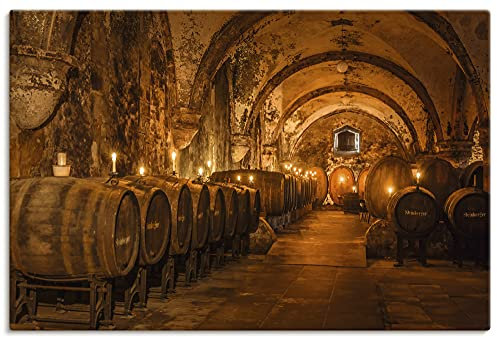 ARTLAND Wanddeko Leinwand Bilder Wandbild 90x60 cm Wein Architektur Weinkeller Weinfäser Antik U2JD
