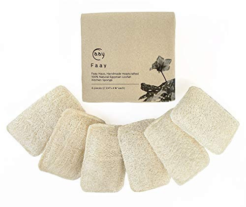 FAAY Umweltfreundliche Schwämme für Geschirr, Mehrzweck-Schwämme, kratzfest, Luffa-Schrubber für Kochgeschirr, Küche, Badewanne, handgefertigt, ungebleichte Luffa-Faser, natürlich, 6 Packungen