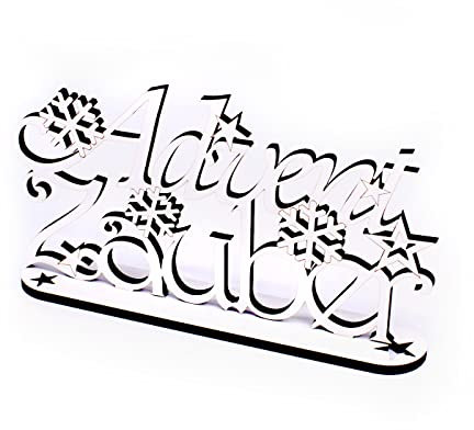 DEKO-LANDO Winter Deko Schriftzug - Adventzauber - Aufsteller aus Holz weiß mit Schneeflocken & Sternen Weihnachtsdeko 21 x 13 cm