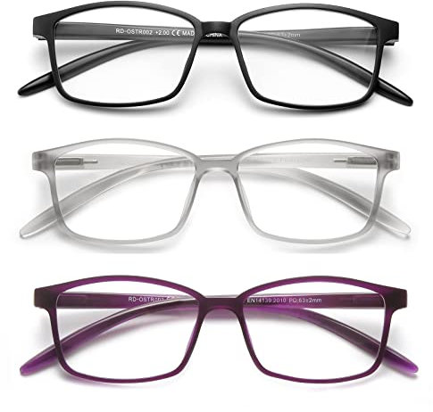 OKH Reading Glasses 3-Pack TR90 Ultra Light Strong Square Frame Readers Blue Light Blocking Clear Lens Spring Hinges Pattern Design for Men And Women(Black+Gray+Purple +2.0)