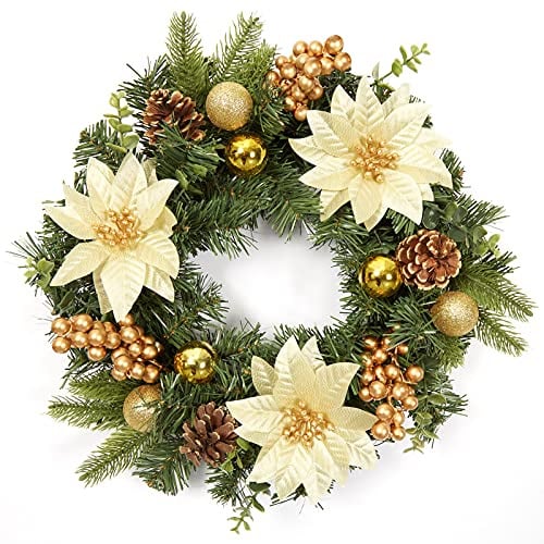 Weihnachtskranz 40CM, Weihnachten Türkranz Weihnachtskugeln Weihnachtsblumen Beeren und Tannenzapfen für Fenster, Haustür, Kamin und Wanddekoration - Gold