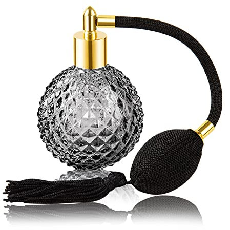 Lamoutor Bottiglietta spray per profumo vintage, 100 ml, ricaricabile, con nappa lunga, colore nero