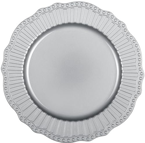 TABLETROVES Juego de platos de carga plateados, vajilla de plástico vintage de 13 pulgadas, platos reutilizables y elegantes para fiestas, bodas y eventos (juego de 12)