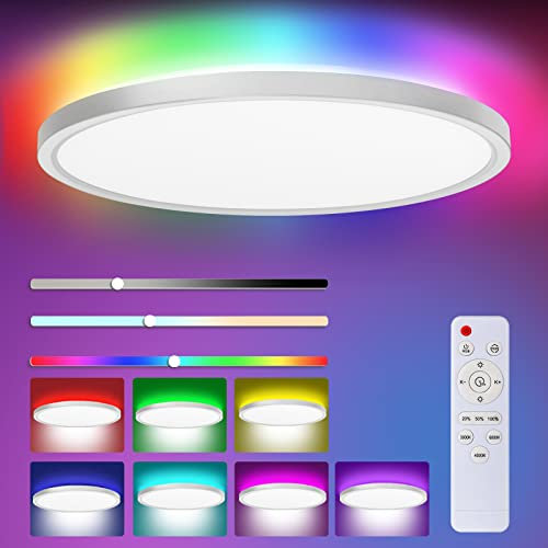 LED Deckenleuchte mit Fernbedienung, 24W 3000K-6000K dimmbar, IP54 wasserdichte Deckenleuchte, mit 7 RGB Hintergrundbeleuchtung, geeignet für Badezimmer, Küchen, Lobbys, Schlafzimmer, Kinderzimmer
