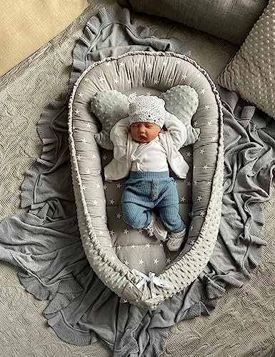 STERNE Grau/MINKY Grau Polar Fleece Baumwolle Babynest Neugeborene Baby Unterlage Reisebett Nestchen SOLO/o.in Ausstattung SETS (Nestchen + Schmetterling)