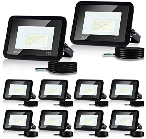 Lospitch LED Strahler Außen, 10er 20W LED Scheinwerfer 3000K Warmweiß, 1700LM Superhell Flutlichtstrahler, IP66 Wasserdicht Außenstrahler für Garten, Garage, Sportplatz (kein Stecker)