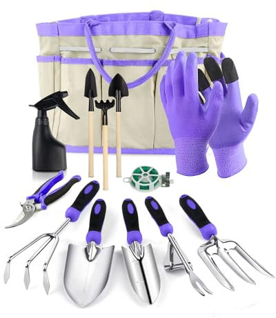 MOXTOYU Garden Tool Set with Holders, 13PCS Stainless Steel Garden Tools Set, Hands Tool Set With Heavy Duty Tool Bag, Garden Tool Set with Different Accessories, Gardening Gift for Women Men (Purple)
