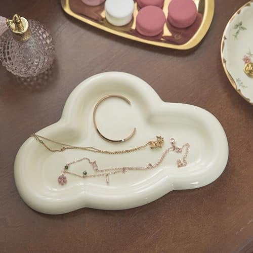 Lynagert Cloud Trinket Dish, Chubby Jewelry Tray, Ceramic Jewelry Ring Trinket Dish for Rings Earrings Necklace Organizer, Mother's Day Thanksgiving Christmas Birthday Bridesmaid Gifts (Crème)