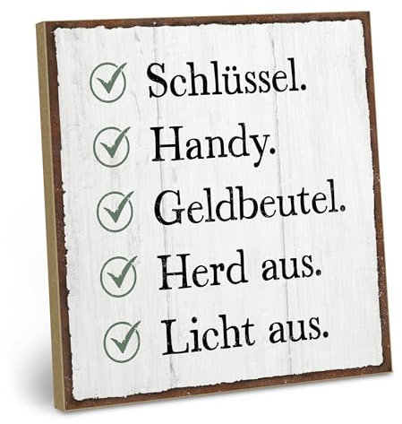 ARTFAVES® Holzschild mit Spruch - Schlüssel - Handy - Geldbeutel | Shabby Chic Schild Retro Vintage Deko Geschenk | Erinnerung, Vergesslichkeit | Größe: 19 x 19 cm