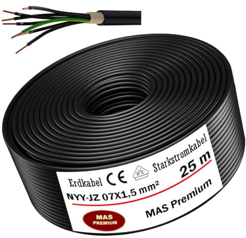 MAS Premium Erdkabel Starkstromkabel 5-100m NYY-JZ 7X1,5, 2,5 oder 4 Elektrokabel Ring zur Verlegung im Freien, Erdreich (NYY-JZ 7X1,5 mm², 25m)