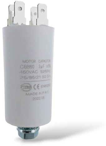 DEKAROX Condensateur universel 3 µF 450 V Ø 30 x 57 mm avec cosses enfichables AMP 6,3 mm Vis de fixation M8 CBB60 Condensateur de démarrage et de course pour appareils électroménagers